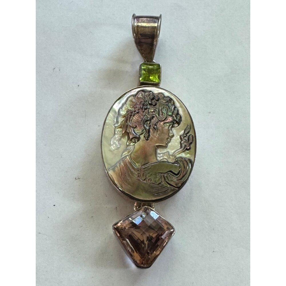 3.5 Inch Unbranded Sterling Silver Mother of Pearl Pendant w/ Green & Pink Gems